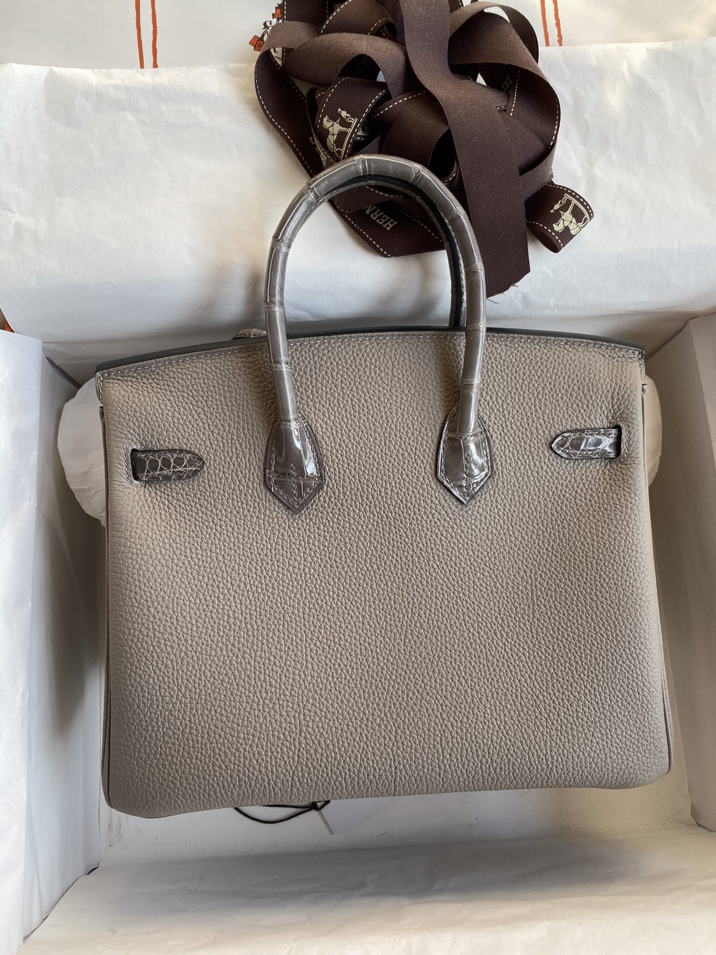 Hermes Touch Birkin 25CM Bag In Gris Mouette Togo and Shiny Niloticus Crocodile Skin